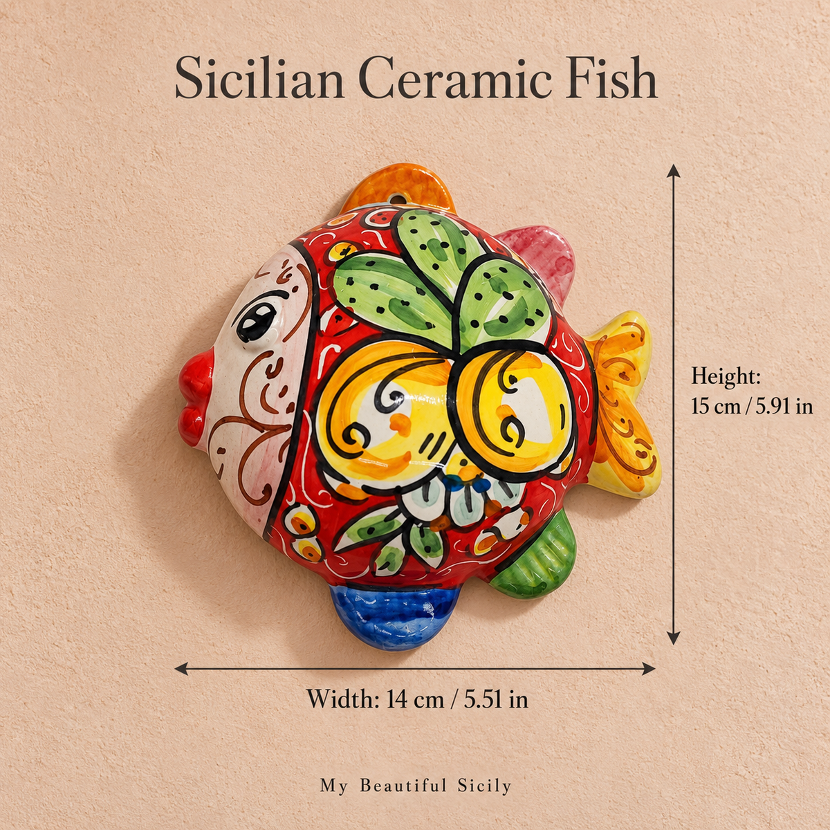 Sicilian Ceramic Fish Wall Decor – Hand Painted, 15 × 14 cm