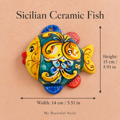 Sicilian Ceramic Fish Wall Decor – Hand Painted, 15 × 14 cm