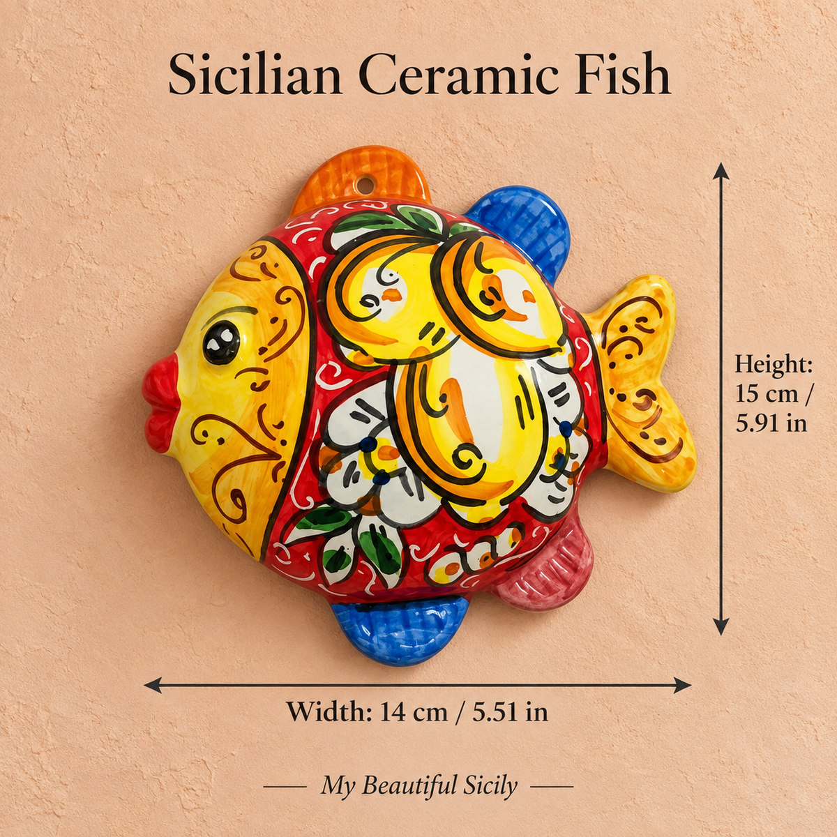 Sicilian Ceramic Fish Wall Decor – Hand Painted, 15 × 14 cm