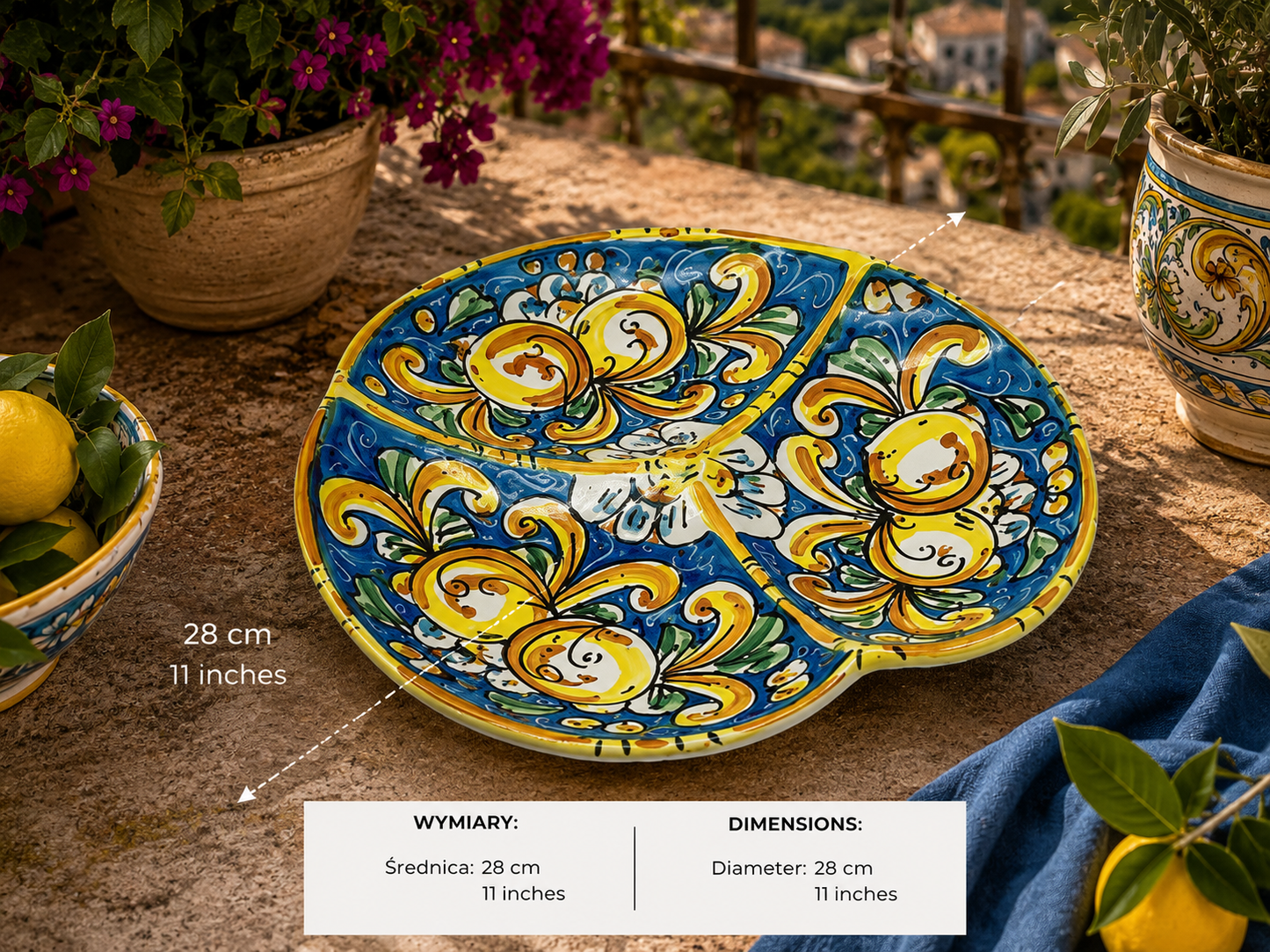 Handmade Sicilian 28 cm 3-Section Ceramic Serving Bowl | Ceramica di Caltagirone | Italian Antipasti Bowl | Olive & Snack Serving Dish | Made in Sicily