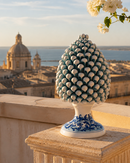 Blue & White Sicilian Ceramic Pine Cone 33 cm – Handmade Italian Pigna