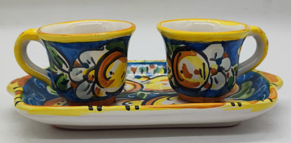 Sicilian espresso set with two 5 cm coffee cups and 20 x 12 cm ceramic tray