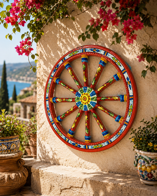 Handmade Sicilian Cart Wheel Wall Decor 30 cm | Ceramica di Caltagirone | Italian Ceramic Wall Art | Traditional Sicilian Wagon Wheel