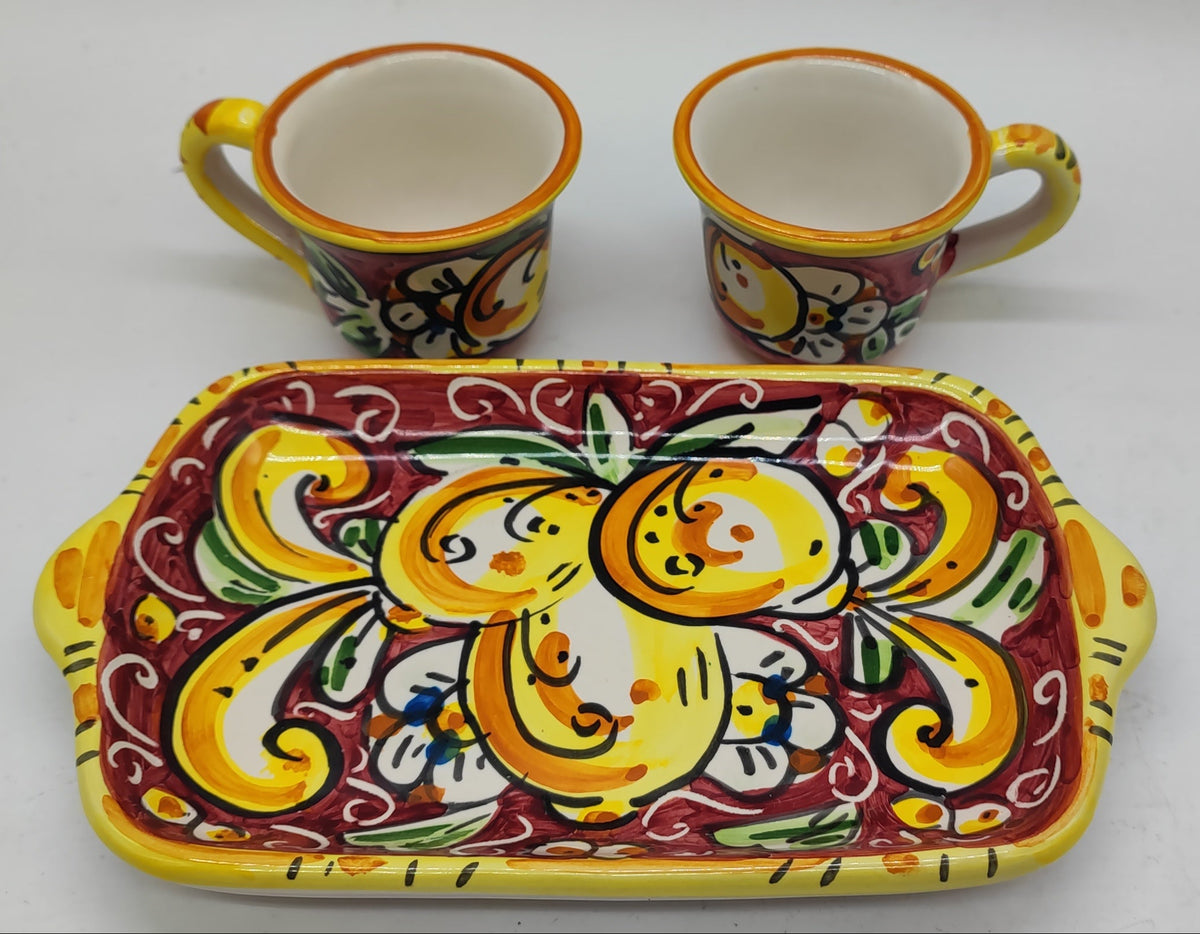 Handmade Sicilian ceramic coffee gift set with two espresso cups and matching tray