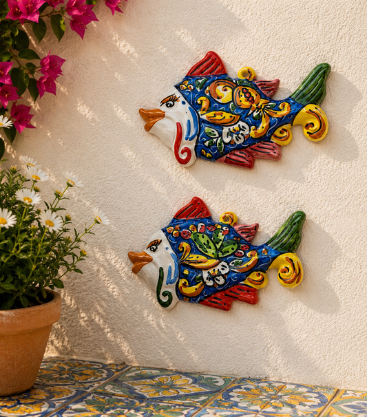 Handmade Sicilian Ceramic Fish Wall Plaque 20 x 12 cm | Ceramica di Caltagirone | Italian Coastal Wall Decor | Mediterranean Ceramic Fish | Made in Sicily