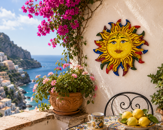 Handmade Sicilian Ceramic Sun Wall Plaque 29 cm | Ceramica di Caltagirone | Italian Wall Decor | Mediterranean Sun Wall Art | Made in Sicily