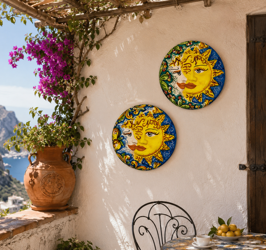 Handmade Sicilian Sun & Moon Wall Plaque 25 cm | Ceramica di Caltagirone | Italian Ceramic Wall Decor | Mediterranean Wall Art | Made in Sicily