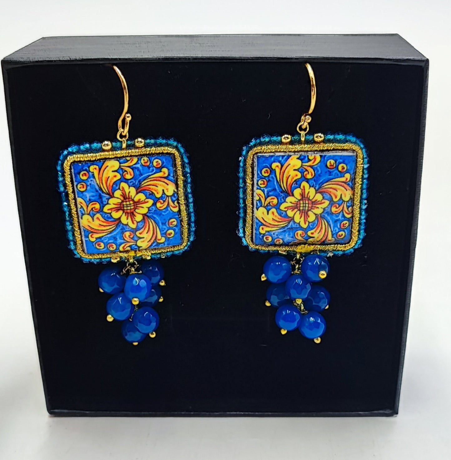 Handcrafted Italian-Inspired Tile Earrings | Blue & Gold Floral Design | 6cm (2.36") Drop Length