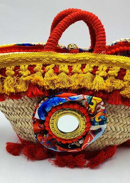 Handmade Sicilian Coffa Bag – Woven Straw Tote with Colorful Pom-Poms & Embellishments – Boho Summer Beach Bag – 13.4"x8.7"