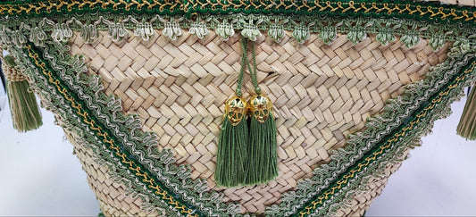 Handwoven Sicilian Straw Bag with Green Tassels | 49 cm x 30 cm (19.3” x 11.8”) | Large Handmade Beach Tote | Italian Boho Summer Basket Bag