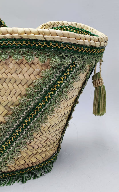 Handwoven Sicilian Straw Bag with Green Tassels | 49 cm x 30 cm (19.3” x 11.8”) | Large Handmade Beach Tote | Italian Boho Summer Basket Bag