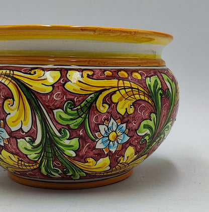 Handmade Round Ceramic Cachepot – Caltagirone Pottery Planter – 22.5cm x 16cm (8.85” x 6.3”) – Sicilian Majolica Flower Pot