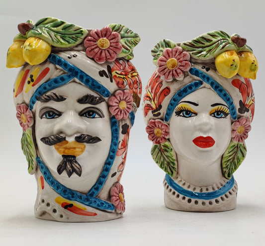 Sicilian Elegance: Teste di Moro Wall Hanging from Ceramica di Caltagirone with Lemon and Floral Decoration"