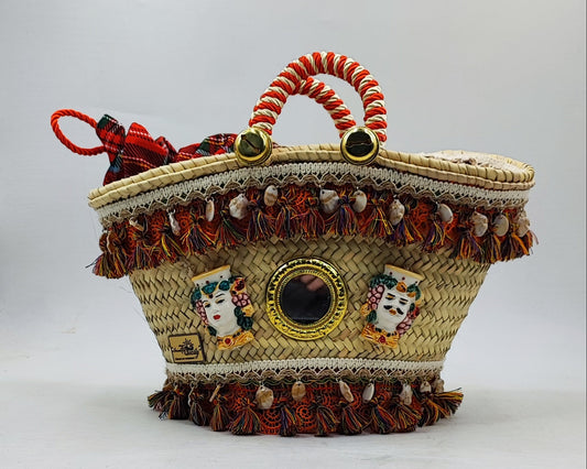 Handmade Sicilian Coffa Straw Bag with Moorish Heads & Mirror – Italian Artisan Basket
