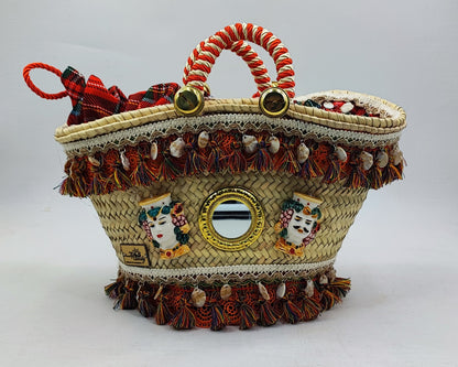 Handmade Sicilian Coffa Straw Bag with Moorish Heads & Mirror – Italian Artisan Basket