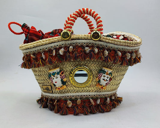 Handmade Sicilian Coffa Straw Bag with Moorish Heads & Mirror – Italian Artisan Basket