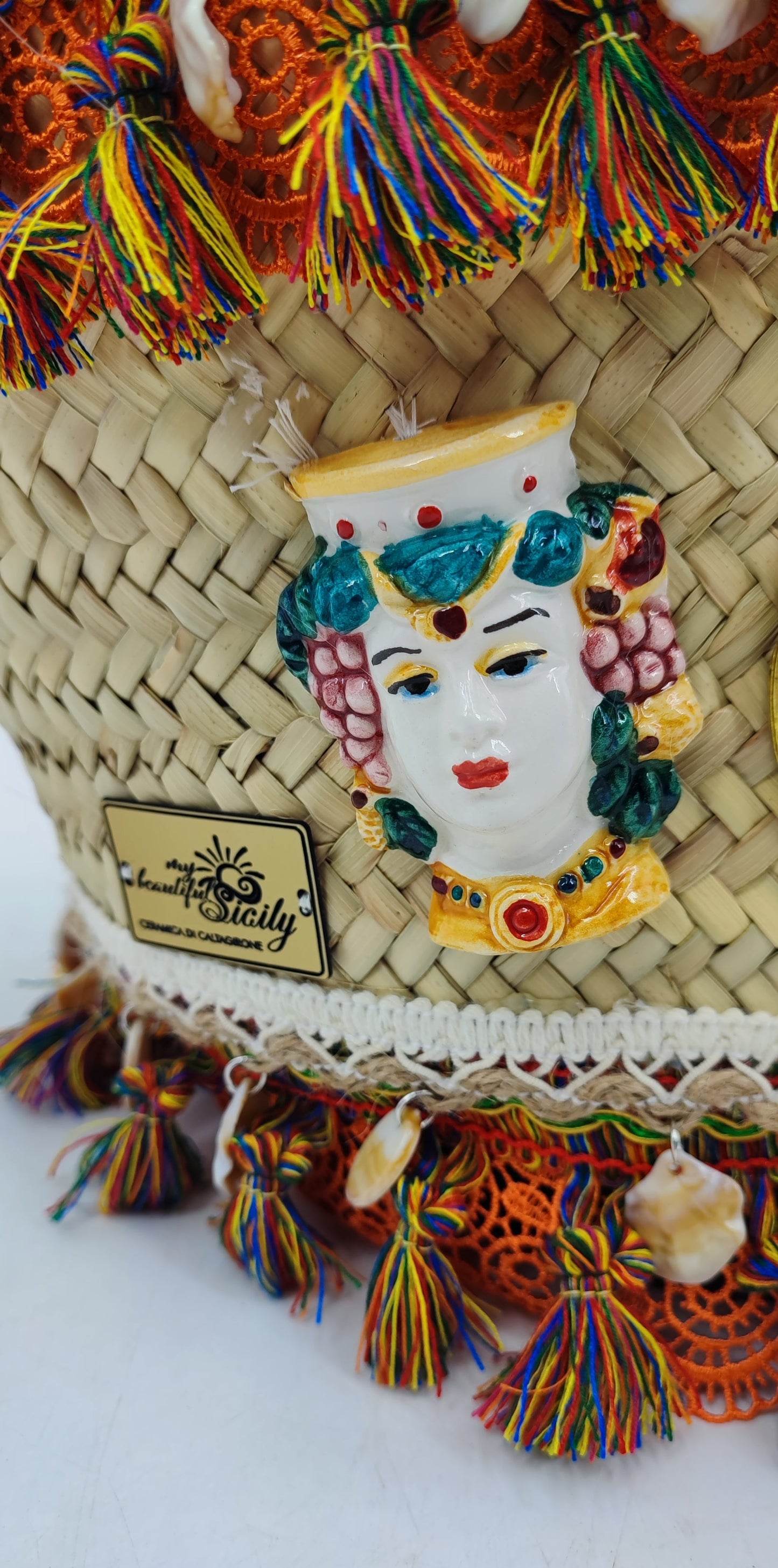 Handmade Sicilian Coffa Straw Bag with Moorish Heads & Mirror – Italian Artisan Basket