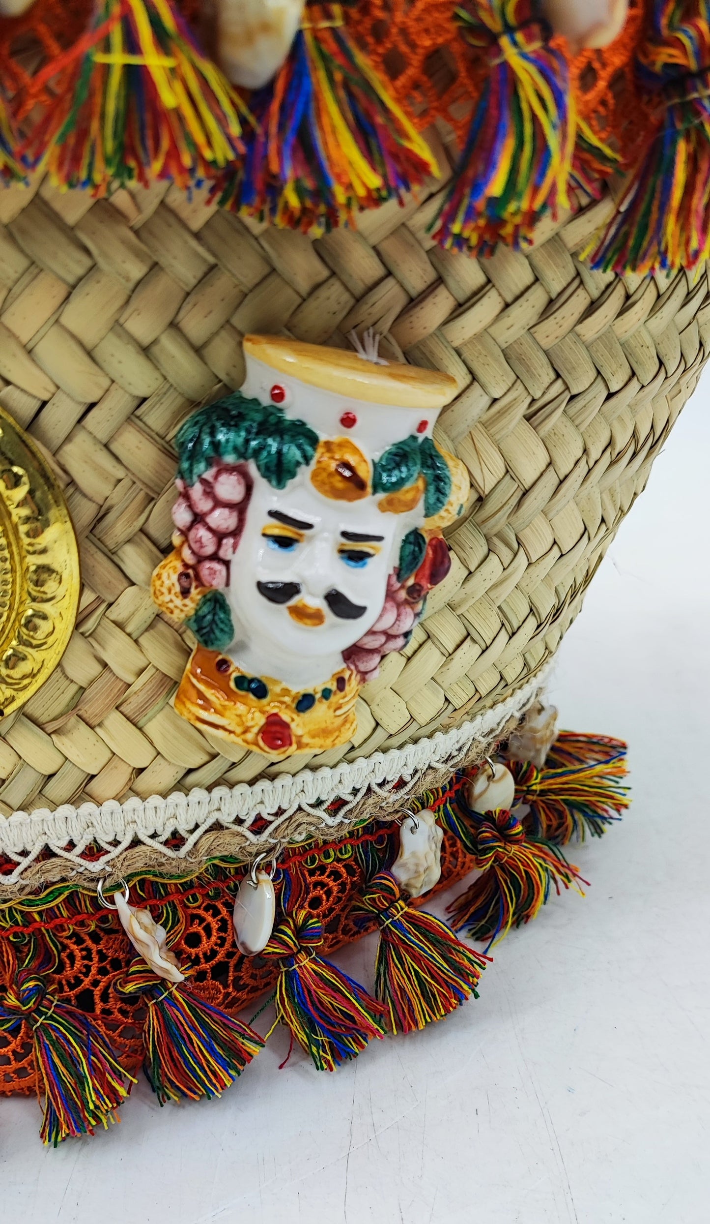 Handmade Sicilian Coffa Straw Bag with Moorish Heads & Mirror – Italian Artisan Basket