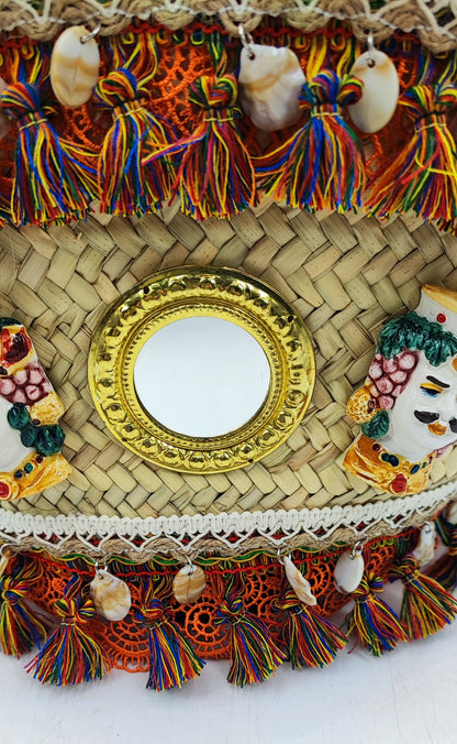 Handmade Sicilian Coffa Straw Bag with Moorish Heads & Mirror – Italian Artisan Basket