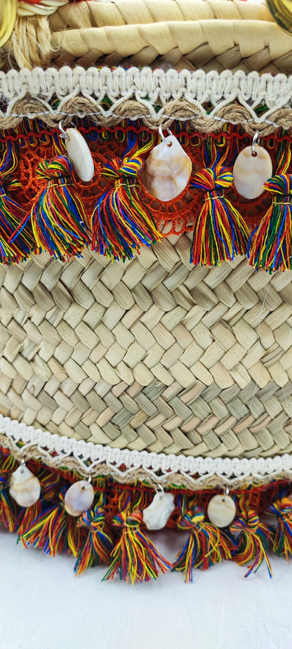 Handmade Sicilian Coffa Straw Bag with Moorish Heads & Mirror – Italian Artisan Basket