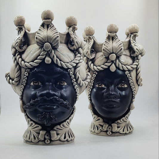 Regal Sicilian Moor’s Heads – Antique-Style Black Matte Couple, 42/43 cm (16.5/17 in)