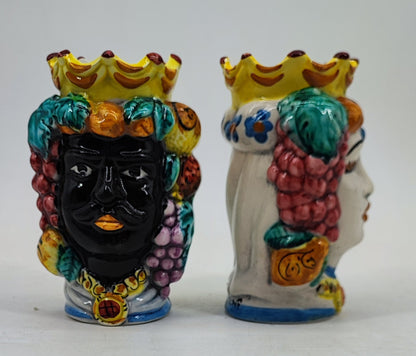 Sicilian Moor’s Heads Pair – Hand-Painted Caltagirone Ceramic Vases, 15 cm
