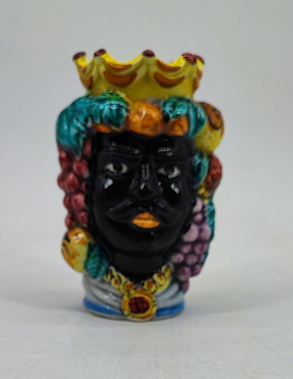 Black male Moor’s Head ceramic vase decorated with a crown, fruit and colorful Sicilian details