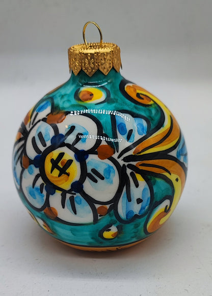 Sicilian Ceramic Christmas Ornament with Nativity Scene – Handmade Caltagirone Pottery Bauble, 11 cm