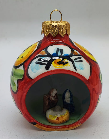 Sicilian Ceramic Christmas Ornament with Nativity Scene – Handmade Caltagirone Pottery Bauble, 11 cm