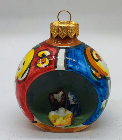 Sicilian Ceramic Christmas Ornament with Nativity Scene – Handmade Caltagirone Pottery Bauble, 11 cm