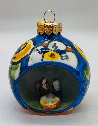 Sicilian Ceramic Christmas Ornament with Nativity Scene – Handmade Caltagirone Pottery Bauble, 11 cm
