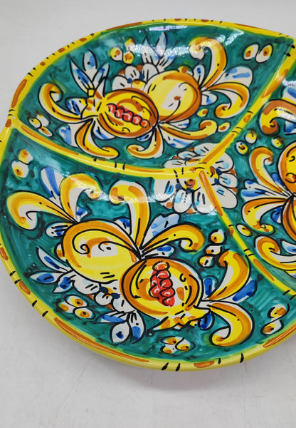 Handmade Sicilian 28 cm 3-Section Ceramic Serving Bowl | Ceramica di Caltagirone | Italian Antipasti Bowl | Olive & Snack Serving Dish | Made in Sicily