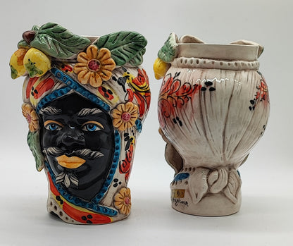 Sicilian Testa di Moro Pair – Hand-Painted Caltagirone Ceramic Head Vases
