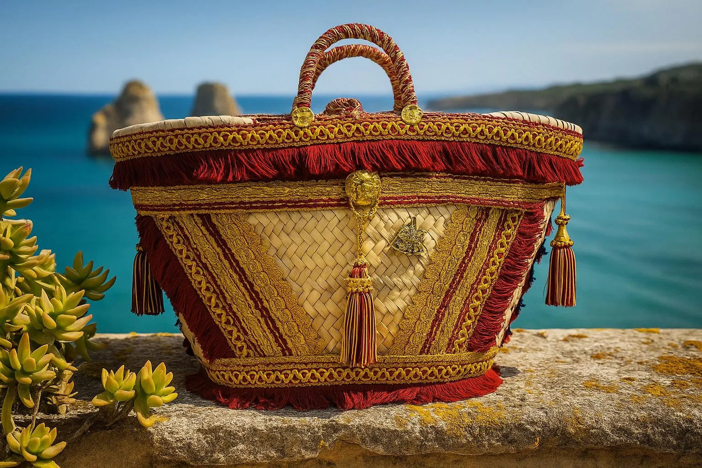 Luxurious Handcrafted Sicilian Tote Bag – Baroque Style with Red & Gold Embellishments