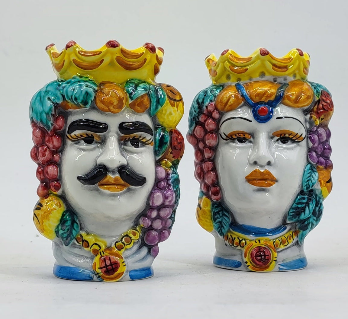 Small male Sicilian Moor’s Head ceramic vase with a crown, moustache and colorful fruit decoration