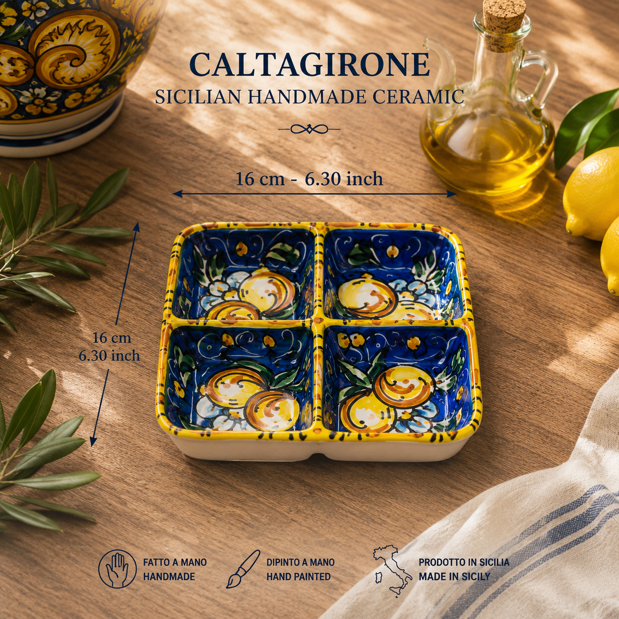 Handmade Sicilian Ceramic Appetizer Serving Dish – Caltagirone Antipasti Tray – Hand Painted Italian Snack Platter – Olive, Tapas & Dip Server