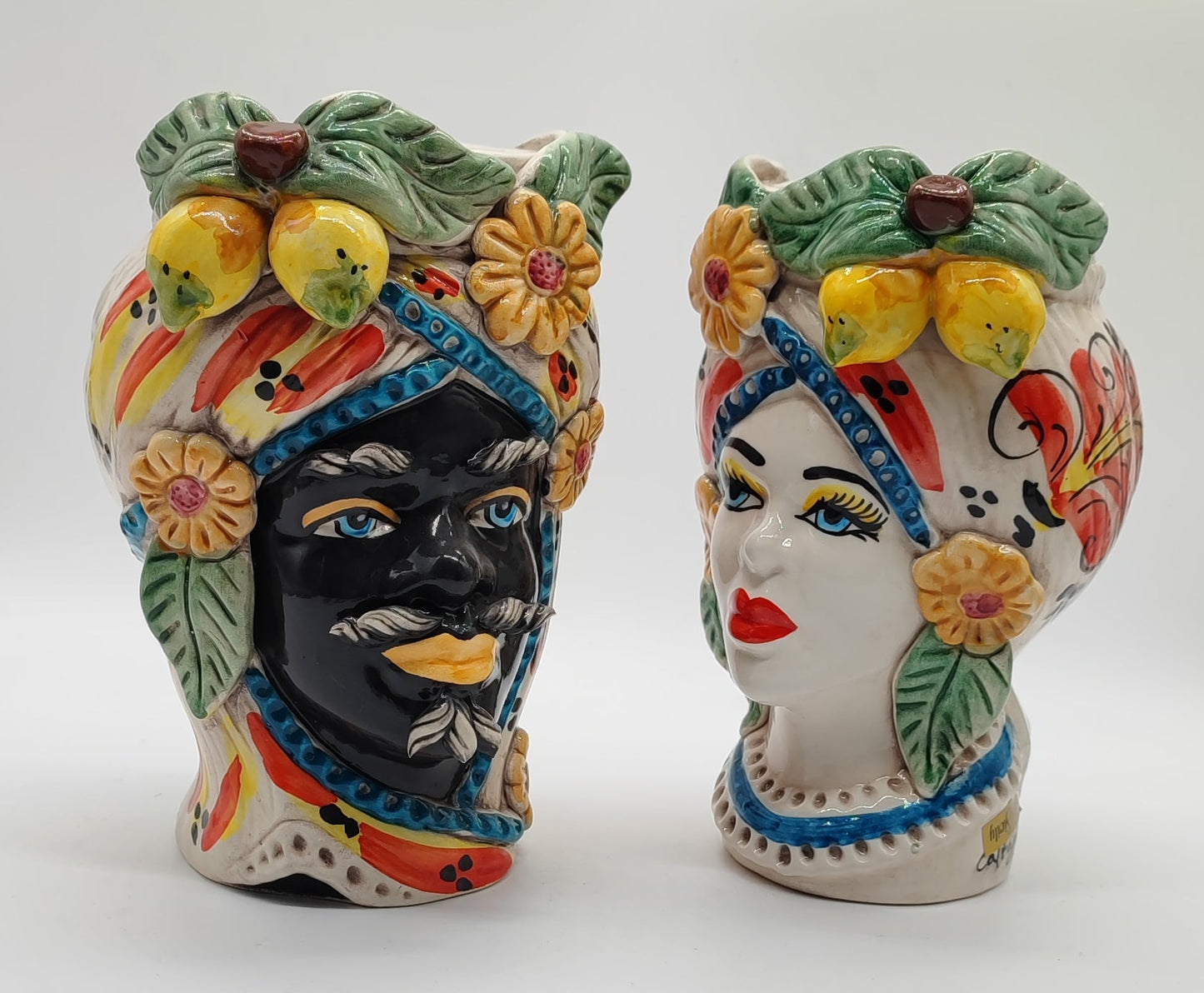 Sicilian Testa di Moro Pair – Hand-Painted Caltagirone Ceramic Head Vases