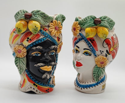 Sicilian Testa di Moro Pair – Hand-Painted Caltagirone Ceramic Head Vases