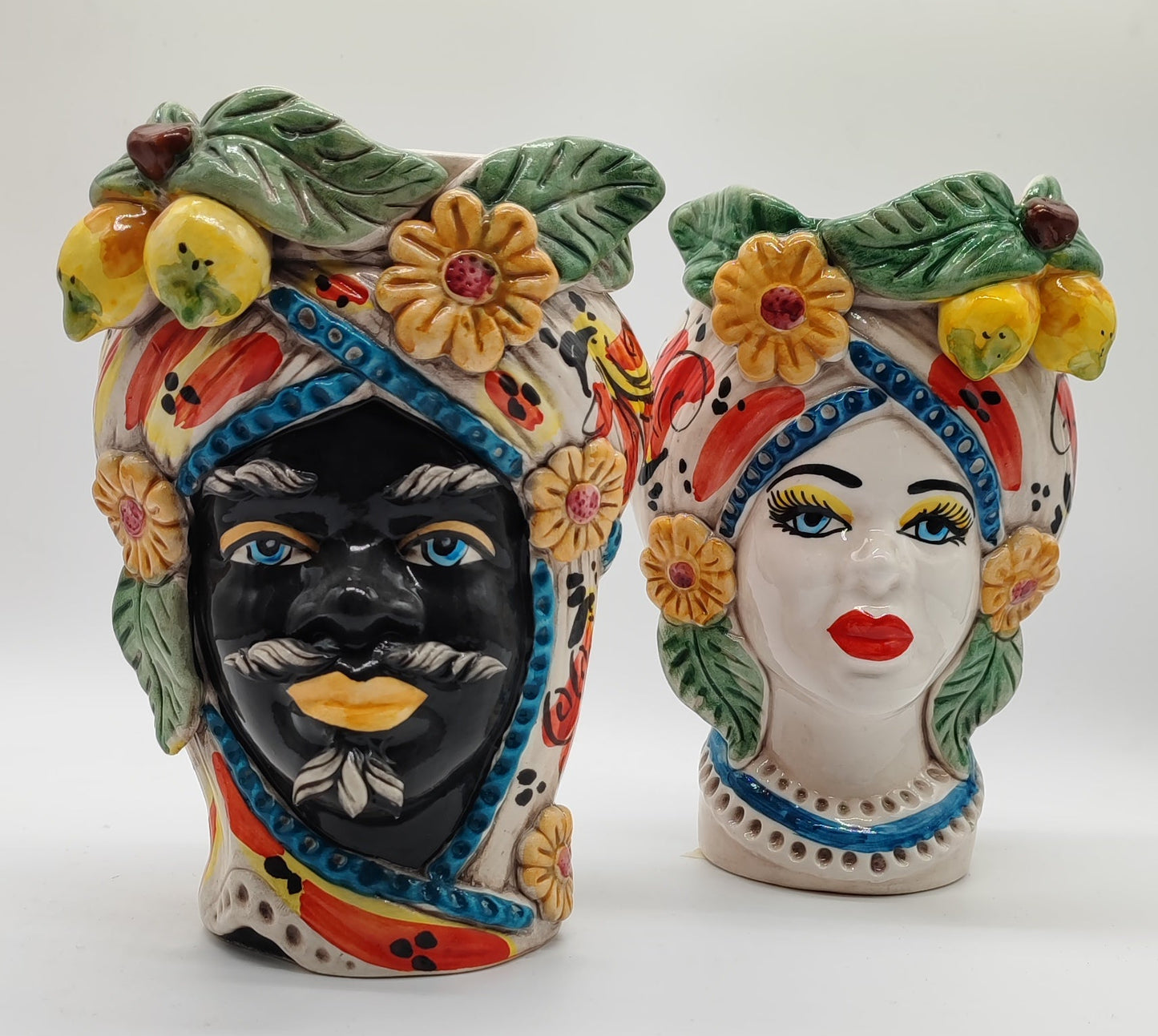 Sicilian Testa di Moro Pair – Hand-Painted Caltagirone Ceramic Head Vases