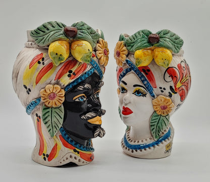 Sicilian Testa di Moro Pair – Hand-Painted Caltagirone Ceramic Head Vases