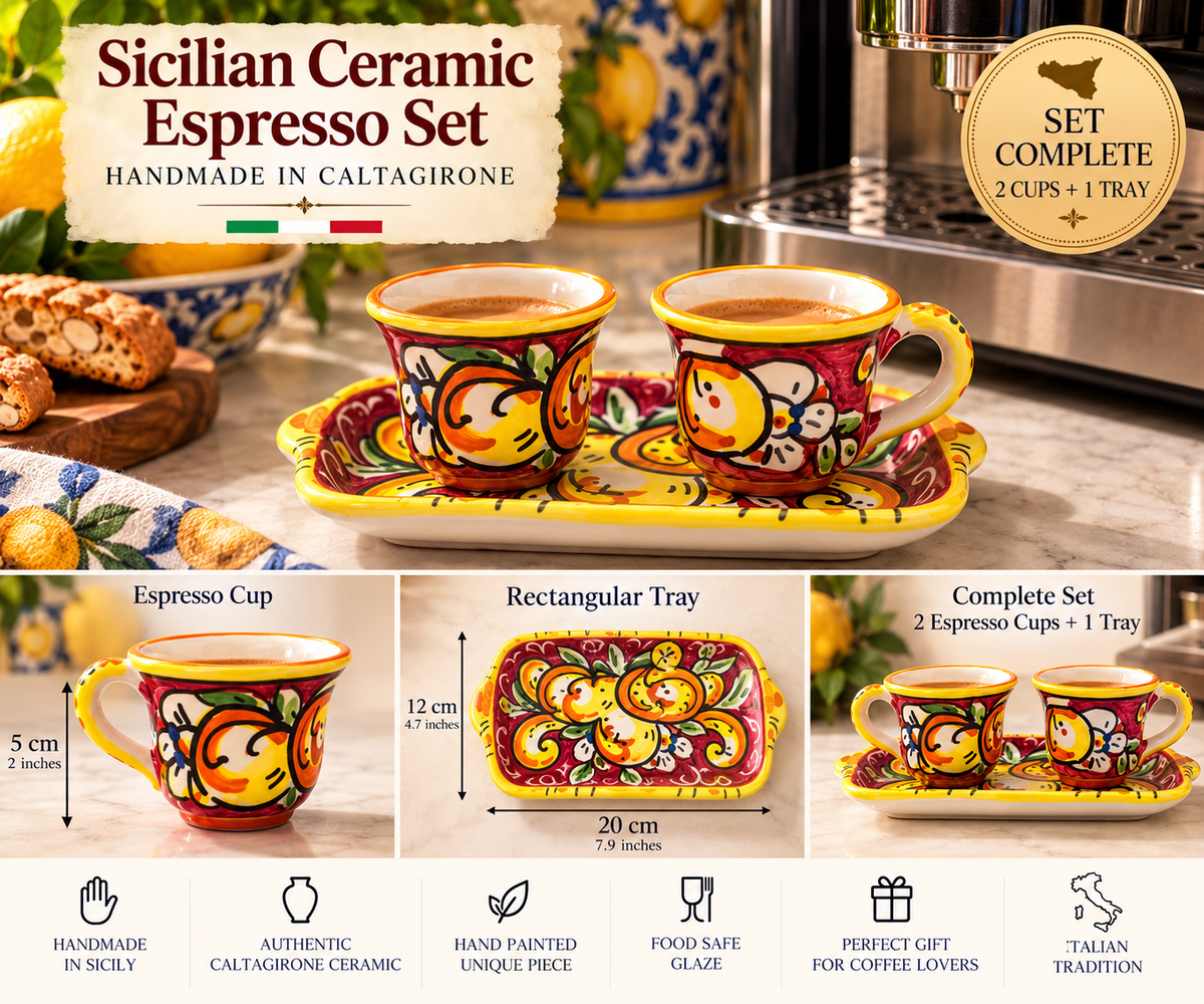 Caltagirone ceramic espresso set with two hand painted coffee cups and rectangular tray