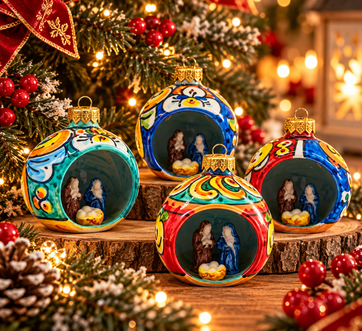 Handmade Sicilian ceramic Christmas ornaments with Nativity scenes in four colorful designs