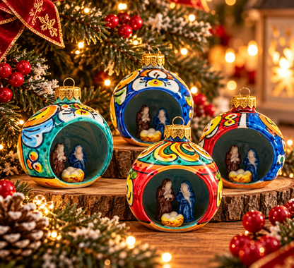 Handmade Sicilian ceramic Christmas ornaments with Nativity scenes in four colorful designs