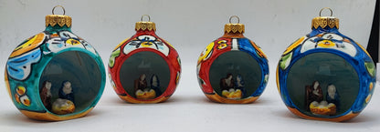 Turquoise Sicilian ceramic Christmas bauble with miniature Nativity scene