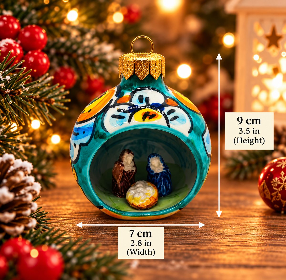 Turquoise Sicilian ceramic Christmas bauble with miniature Nativity scene