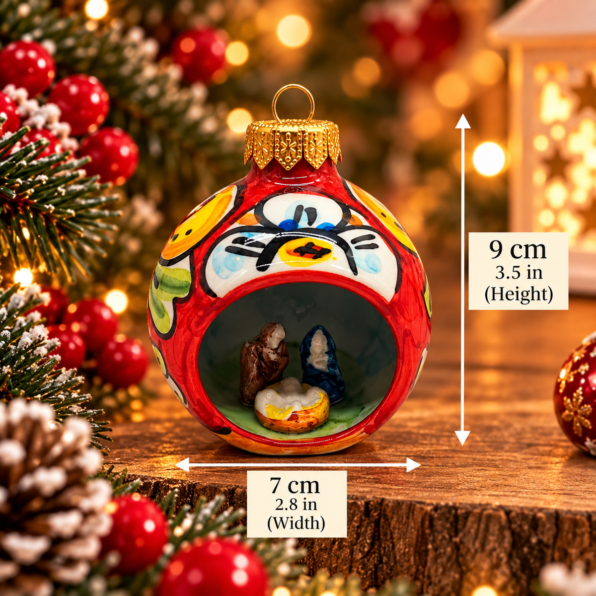Red Sicilian pottery Christmas ornament with hand painted Nativity decoration