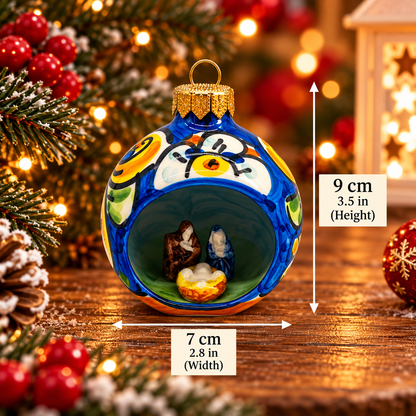 Blue handmade Caltagirone ceramic Christmas ornament with Holy Family