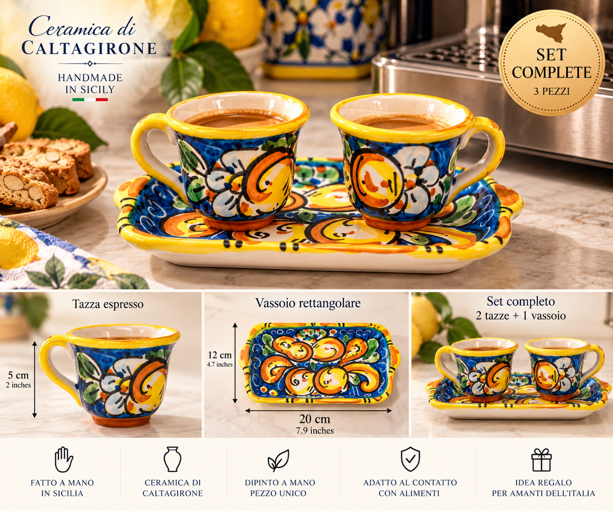 Hand painted Sicilian ceramic espresso set with two coffee cups and matching tray