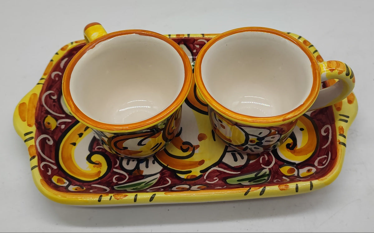 Hand painted Sicilian ceramic espresso set with two coffee cups and matching serving tray