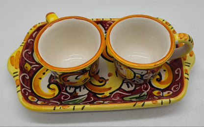 Hand painted Sicilian ceramic espresso set with two coffee cups and matching serving tray